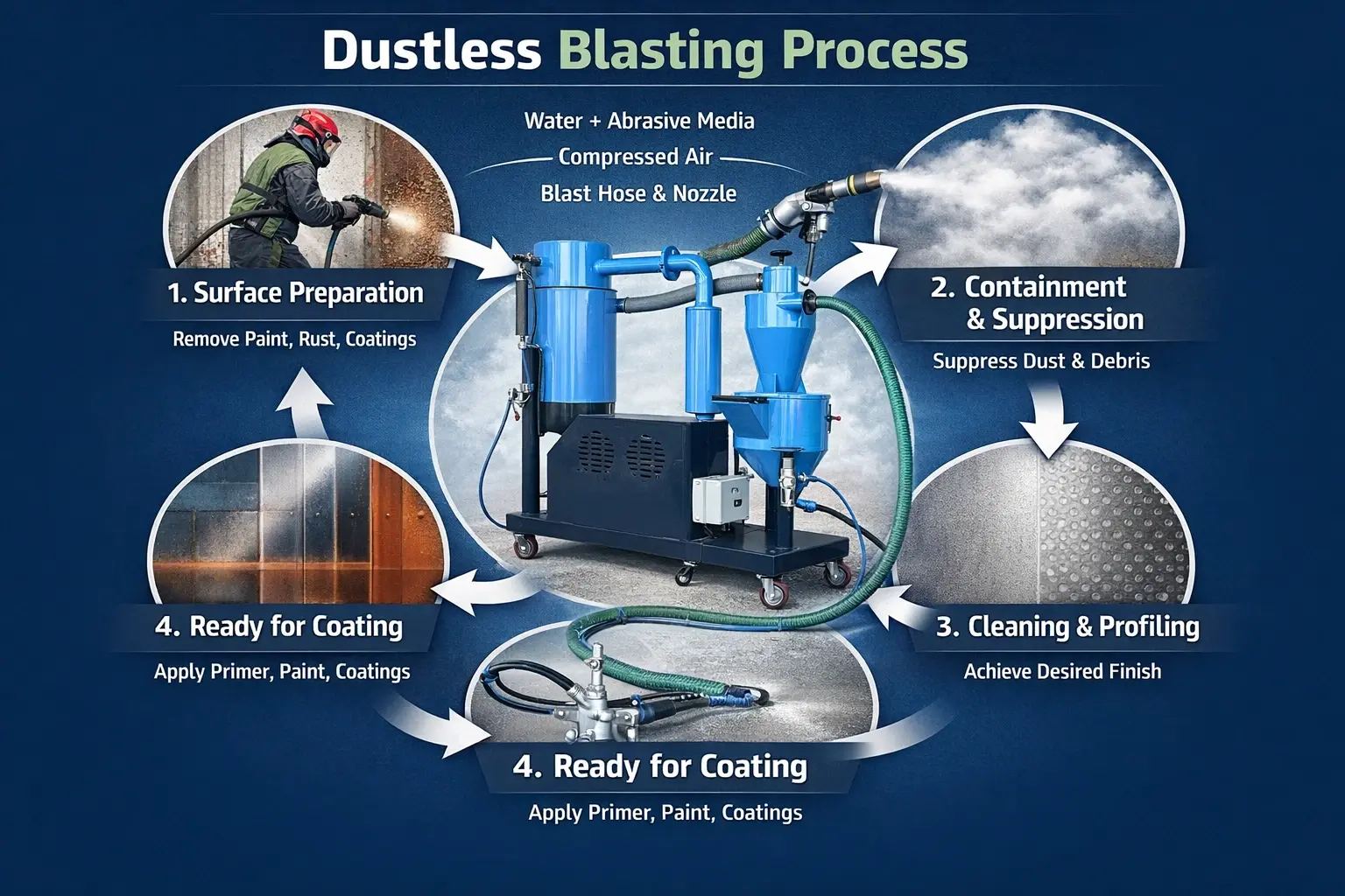 Dustless blasting machine working setup